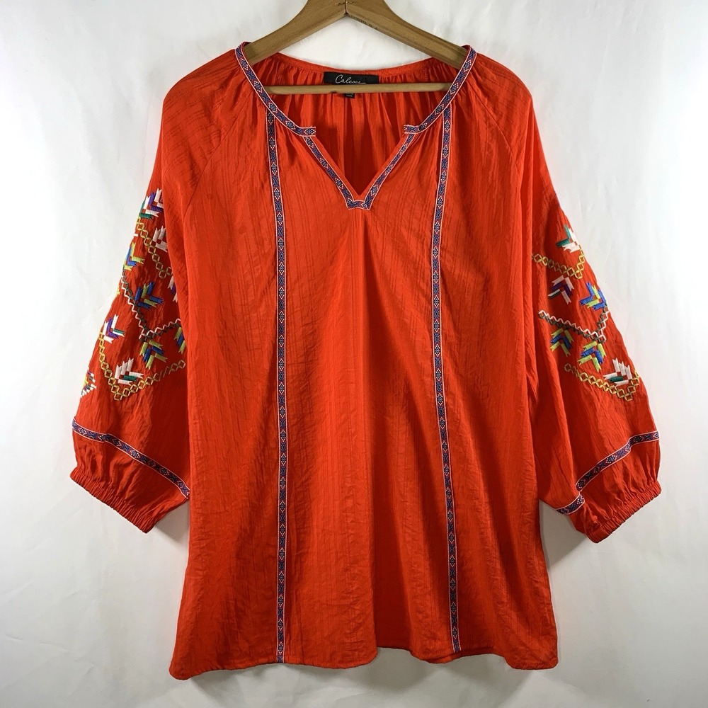 Calessa Womens Boho Embroidered Tunic Top Size L Tomato Red Folk Peasant Balloon